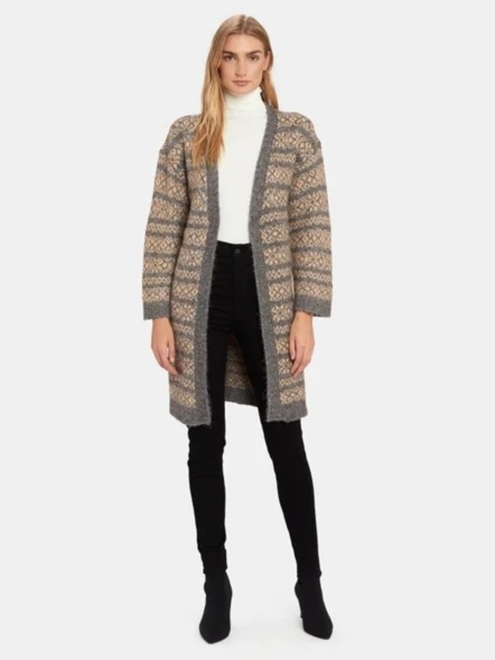 BB Dakota Long Fair Isle Open-Front Cardigan in Gray & Cream